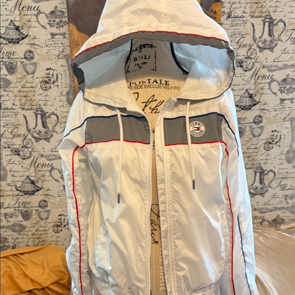 Tommy Hilfiger White Hooded Jacket with Red and Blue Details